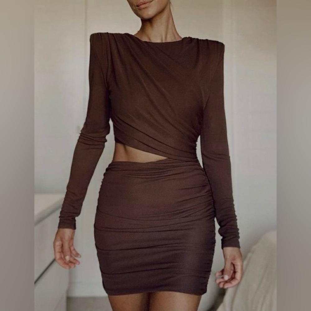 ZARA S Brown Ruched Short Bodycon Dress Long Sleeve Boat Neck